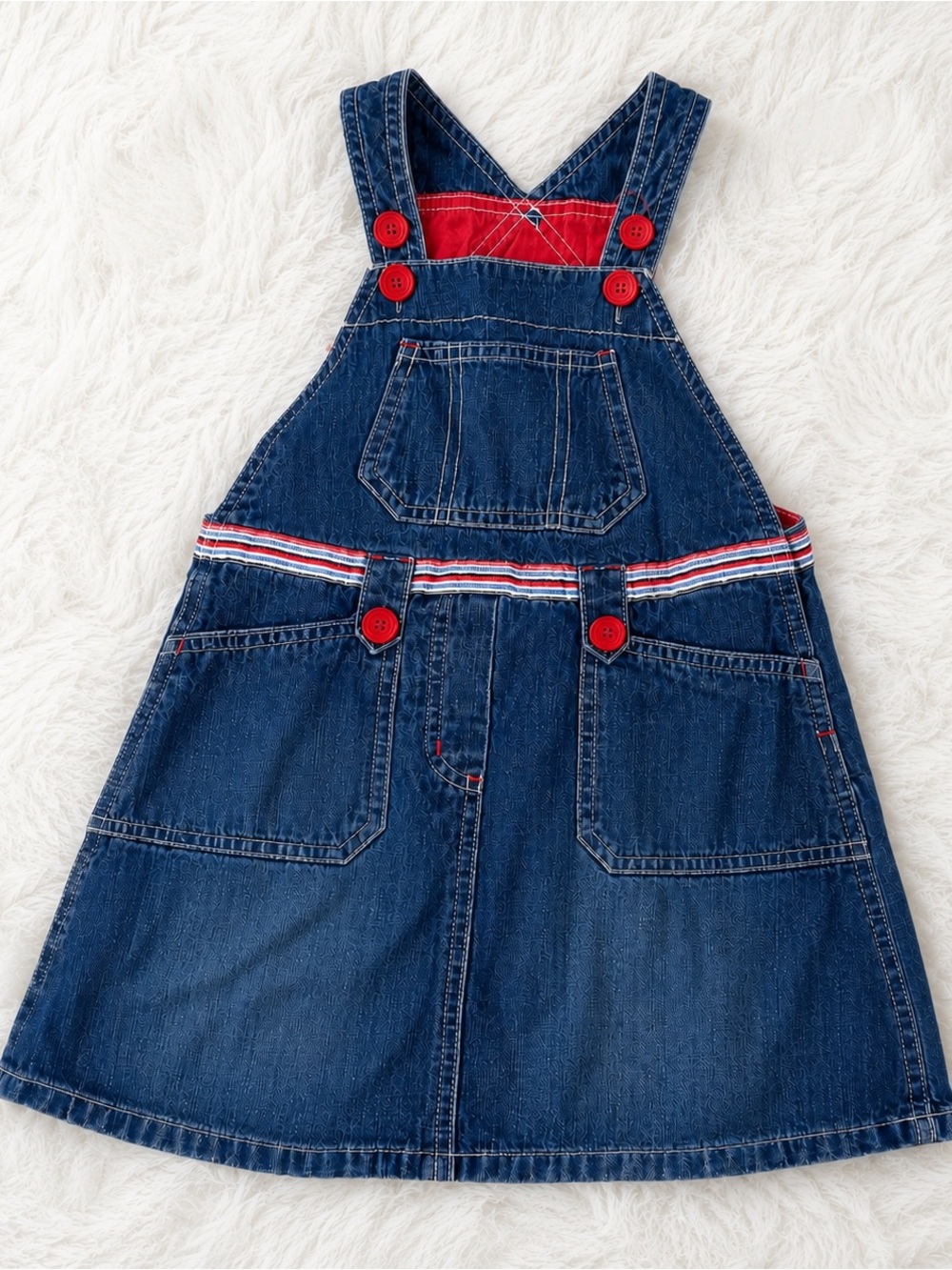 Gymboree Girls Denim Overall Jumper Dress Size 4 Red Buttons Whale Embroidery